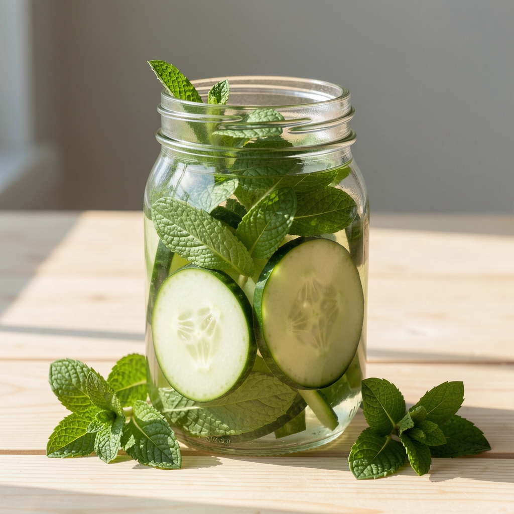 A glass jar of infused water with sliced cucumber and fresh mint leaves on a light wooden surface in natural morning light