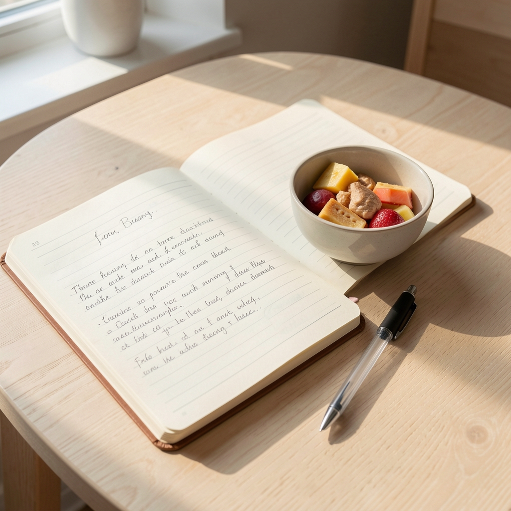 An open notebook beside a small breakfast bowl on a pale wooden table in morning light, pen resting alongside handwritten notes